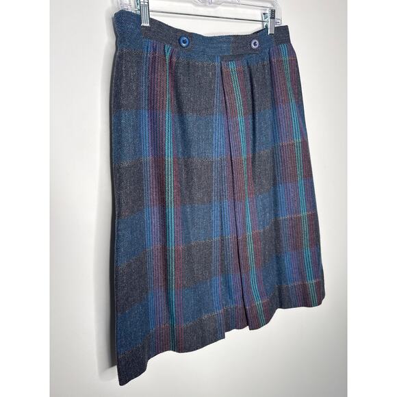1980s Tan Jay Plaid Wool Midi Skirt Made in USA Preppy Large - Picture 7 of 11